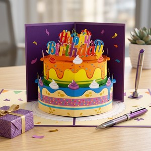 Carte de vœux d'anniversaire 3D pop-up au design original ZS-PC0077, 5x7 pouces, couverture violette avec gâteau coloré pour les détaillants en ligne - Product Image 5