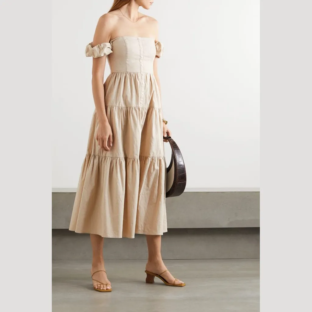 New Fashion Damen Off-the-Shoulder-Midi <span class=keywords><strong>kleid</strong></span> aus Leinen mischung