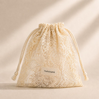 Pochette en organza texturé en dentelle ivoire avec cordon de serrage, design de logo personnalisé, estampage à chaud, sac cosmétique pour bijoux, emballage cadeau de mariage
