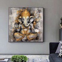 100% hecho a mano religión Ganesha Extra grande pared arte abstracto gris lienzo Original arte Buda pintura enmarcada pared arte
