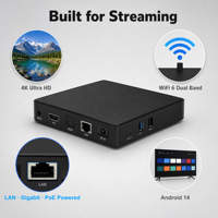 TV Box Inteligente de Alta Calidad con Android 14, Quad Core Amlogic S905X5M, 4K Streaming, WiFi, Control Remoto por Voz, PoE Network, Bajo Precio