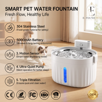 Fontaine à eau sans fil pour chat, intérieur, acier inoxydable, plateau en plastique, batterie rechargeable 5000 mAh, étanche, capteur de mouvement automatique