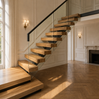 Escalier flottant pour villa, hôtel, hall d'entrée, marches en bois en cantilever, garde-corps en verre sans cadre, escalier intérieur moderne