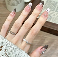 Faux ongles à presser 3D motif étoile croisée et pois, marron rose, forme amande, mignons, pour le quotidien, les rendez-vous et les fêtes