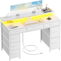 Bureau d'ordinateur compact pour la maison avec support d'écran LED, table d'ordinateur moderne blanche avec 8 tiroirs/prise de courant/port USB