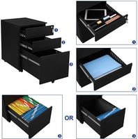 Meuble de rangement mobile à 3 tiroirs verrouillables en acier noir mat, design peu encombrant, pour bureau, chambre, hôtel, ingénierie