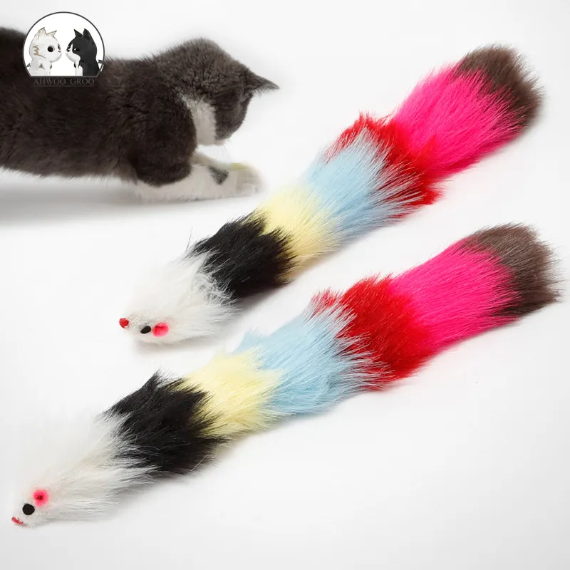 Ratón falso de 30cm para gatos, juguete con cola de Color de pelo largo con campanas, suave, de piel de conejo Real, con sonido para gatos, perros y Mascotas