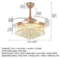 Lustre LED en cristal avec télécommande, design moderne, avec hélice en cristal, rétractable, couleur jaune or, sans lame, nouveau modèle