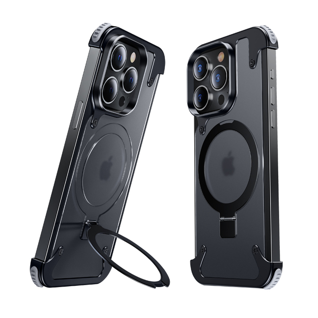 Metal Frame Shockproof Cell Phone Case with Phone Stand for iPhone 15promax 15pro 15plus 15 14promax Magnetic Charging Frost