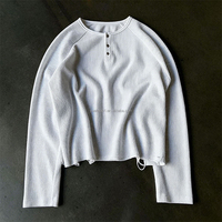 T-shirt thermique à manches longues en coton gaufré personnalisé pour homme, style streetwear, col Henley