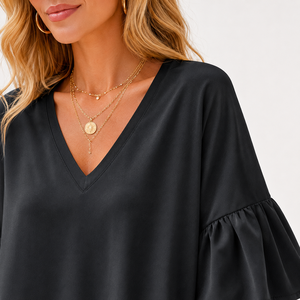 Women's 100% Polyester V-Neck <strong>Dress</strong> Flared Sleeves Ruffle Hem Shift <strong>Dress</strong> Casual Summer Loose Mini <strong>Dress</strong> Beach Party Vacation - Product Image 5