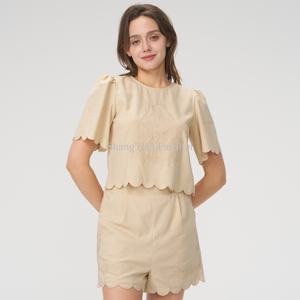 Conjunto de Pantalones de 2 Piezas de Jersey de Algodón Casual para Mujer, Primavera, Color Sólido, Top Bordado con Pantalones Cortos, Conjunto de Dos Piezas para Mujer - Product Image 4