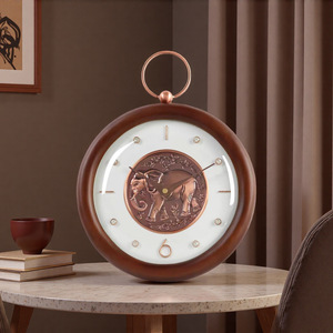 Solid Wood <b>Table</b> <b>Clock</b> Circular Leather Dial Elephant Design Desktop Decorative <b>Clock</b> For Living Room Bedroom - Product Image 4