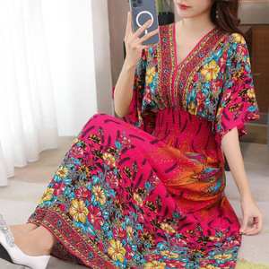 2025 été élégant rétro Style bohème robe à col en v nouveau décontracté grande balançoire imprimé longue jupe taille tombée droite pour - Product Image 5