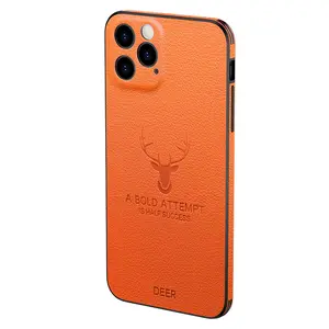 Luxury Leather Texture Square Frame Case On For IPhone 13 12 11 Pro Max Mini X XR XS Deer Camera Protection Shockproof Cover