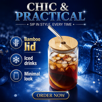 Gobelet en verre borosilicate de 16 oz avec couvercle en bambou et paille, tasse moderne réutilisable pour cola, bière, boissons glacées