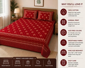Red Floral Cotton Bedsheet King Size Bed Sheet Set Soft Cotton Bedding <b>Flat</b> Sheet with 2 <b>Pillow</b> Covers Bedroom Decor - Product Image 4