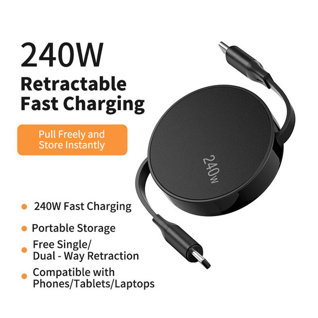 240W 1M Retractable USB-C Fast Charging Cable TPE Material Compatible with Mobile Phone & Computers