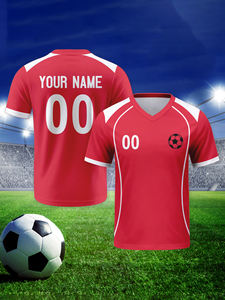 قميص كرة قدم مخصص بطباعة الشعار والرقم، أسود وأحمر، برقبة على شكل V، أكمام قصيرة، للجنسين، للبالغين، مصنوع من البوليستر المريح للتدريب - Product Image 5