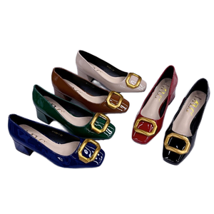 Escarpins marron foncé pour femme à bout carré et talon moyen, de haute qualité, avec boucle dorée de 2 pouces, à enfiler, respirants, en caoutchouc, printemps-été - Product Image 1