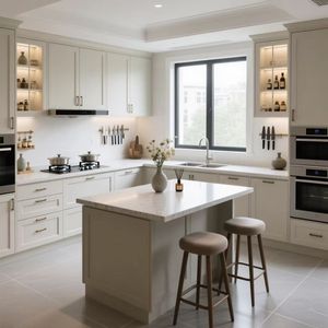 Cuisine sur mesure, style moderne minimaliste européen, îlot central avec comptoir en pierre et tabourets <span class=keywords><strong>de</strong></span> <span class=keywords><strong>bar</strong></span>, grand espace - Product Image 4