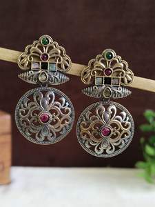 Pendientes indios plata oxidada Floral verde Kundan y pendientes redondos blancos para mujer producto a granel hecho a mano - Product Image 3