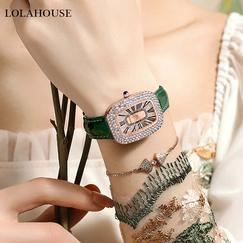 Top sale quartz movement women leather watch square diamond design dress green wristwatch for girl