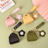Mini sac porte-clés avec miroir fleuri et porte-monnaie, étui mignon en cuir pour écouteurs, accessoires cadeaux pour femmes et filles
