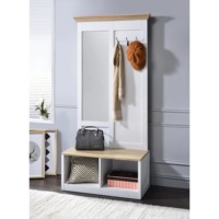 Arbre de hall moderne en chêne blanc avec banc de miroir pleine longueur et lampe de rangement pour chaussures ouvertes