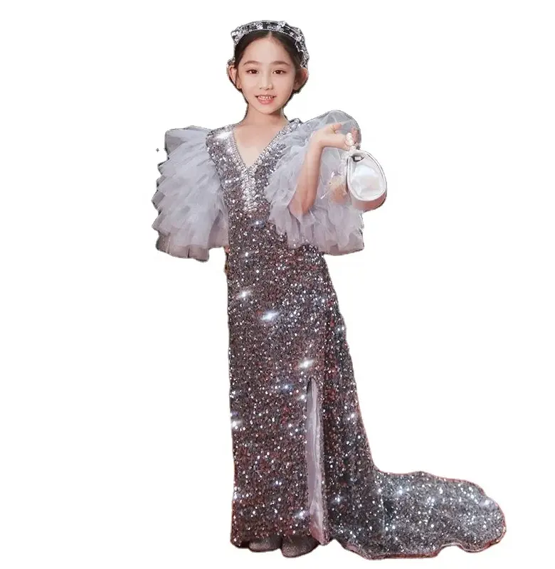 High-end Children's Birthday Evening Dress Mesh Lantern Sleeve Girl Princess Dress Boutique Dresses