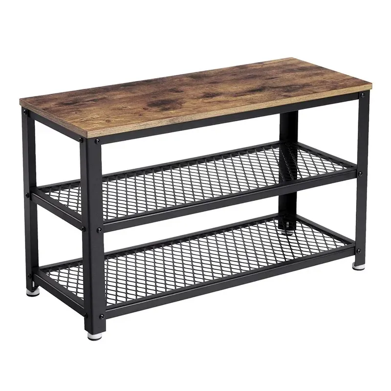 Industrial Wooden Metal Frame Shoe Storage Organizer With 2 Mesh Shelves Bench Rack