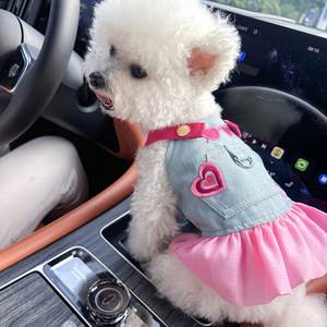 בגדי קיץ סיטונאיים לכלבים וחתולים, חצאית ג'ינס ורודה אופנתית עם הדפס מצויר בסגנון קאובוי לכלבים קטנים, לאביב וסתיו - Product Image 4