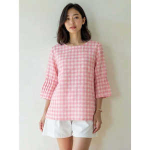 เสื้อลายตาหมากรุกผ้าฝ้ายผู้หญิงทรงกระดิ่งแขนกระดิ่งเสื้อท่อนบนผ้าคอตตอน100% น้ำหนักเบาเสื้อผ้าแฟชั่นเป็นมิตรกับสิ่งแวดล้อม - Product Image 1