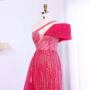 Jancember LSZ023 Chic fucsia lentejuelas con cuentas sirena hendidura vestidos de noche para mujeres - Product Image 4