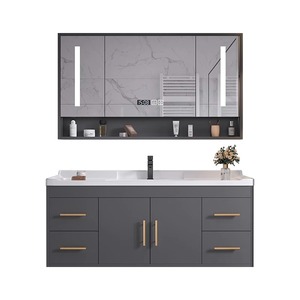 Muebles de baño minimalistas grises para montar en la pared con gabinete de espejo con sensor táctil inteligente - Product Image 1