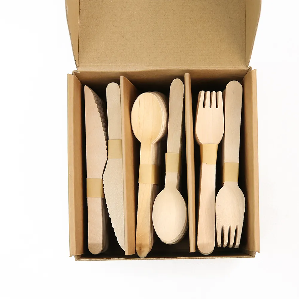 جديد تصميم البتولا ملعقة خشب سكين شوكة خشبية أدوات مائدة للاستعمال مرة واحدة مجموعة مع صندوق مخصص