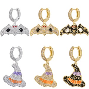 Nuovo stile di Halloween gioielli in zircone cubico smalto strega cappello magico a pipistrello ciondolo Charm CZ orecchini a cerchio per donne ragazze bambini - Product Image 1