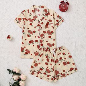 Pyjama d'été pour femmes motif floral vêtements de nuit boutonnés ensemble de pyjama en coton à bulles avec poche
