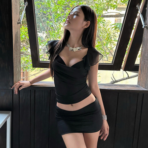 Pure Sexy Ruched Square Neck Bustier Ruffle Flutter Sleeve Top Summer Cool Sexy Waist Cinching Design Short Sleeve Blouse - Product Image 4