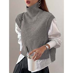 Chaleco de punto de lana con cuello simulado y abertura lateral, color albaricoque, para mujer, ropa exterior informal - Product Image 1
