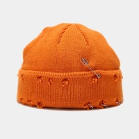 Mode Streetwear Slouchy en détresse laine réversible Melon Cap tricot à revers acrylique tricot bonnet chapeau avec épingles de sûreté