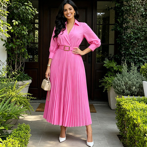 <b>Pink</b> Pleated Midi Shirt Dress With Stand Collar Three Quarter Puff Sleeve Belted Woven Casual Dress For Daily Wear Spring - Product Image 2