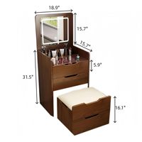 Coiffeuse avec miroir éclairé rabattable, petite table de maquillage 3-en-1 avec plateau en verre transparent, 3 tiroirs et tabouret de rangement dissimulé