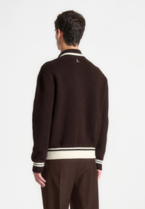 <span class=keywords><strong>Cardigan</strong></span> boutonné pour homme en <span class=keywords><strong>marron</strong></span> <span class=keywords><strong>foncé</strong></span> avec bordure contrastante - Tricot décontracté à col - Fabrication OEM personnalisée - Product Image 3