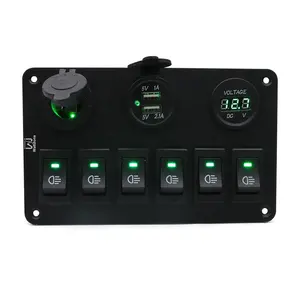 6 Gang Fog LED Light Bar Boat Marine Cigarette Lighter Dual USB Charger Socket LED Voltmeter Kema Rocker Switch Panel