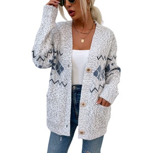 Último DISEÑO DE Navidad de las mujeres Uggly Snowflake Cardigan suéter de punto de un solo pecho abrigos de punto de bolsillo para las mujeres - Product Image 1