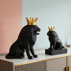 Modern Black Lion Figurine Resin Geometric Sculpture 2Pcs <b>Desk</b> Office Decor - Product Image 4