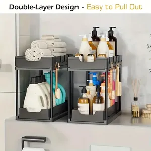 Étagère de rangement de cuisine en plastique à double couche, type extractible, stable, antidérapante, multifonctionnelle, cinq crochets, rangement <span class=keywords><strong>sous</strong></span> l'évier - Product Image 5
