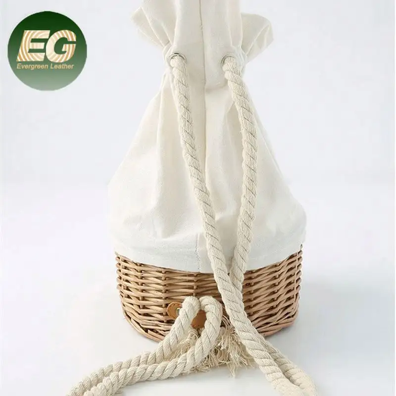 Factory direct wholesale handmade woven wicker bags fashion lady canvas stitching beach rattan straw handbag bamboo basket bag T