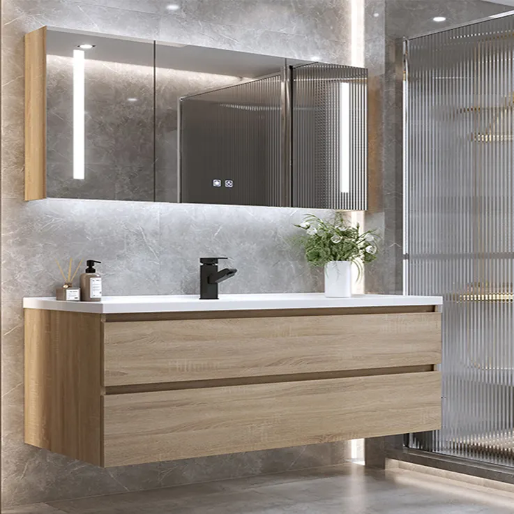 Fabrika doğrudan satış ucuz Modern ahşap duvar asılı banyo mobilya havzası lavabo setleri banyo dolabı Led ayna ile